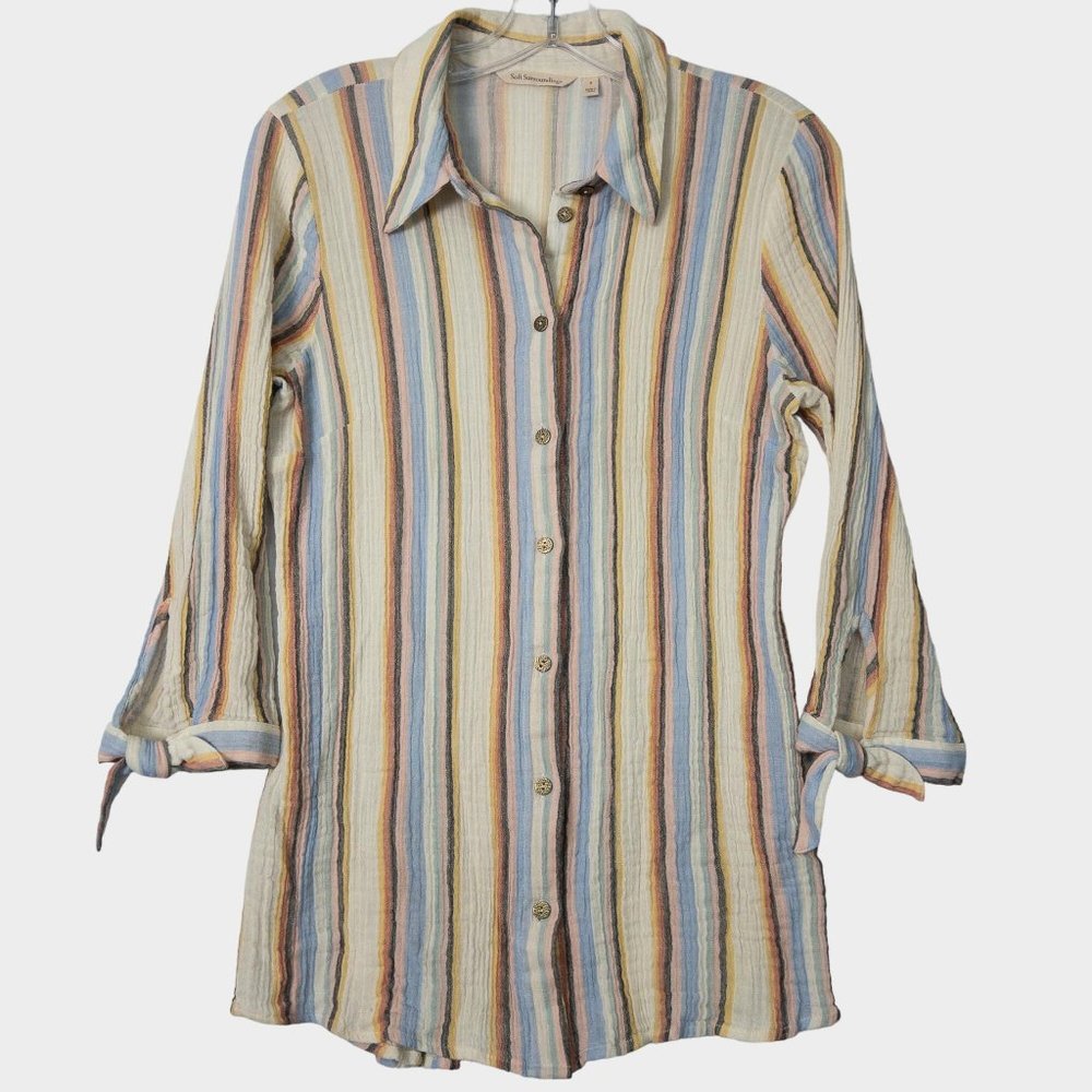 Soft Surroundings Senna Gauze Tunic Shirt Womens Small Button-Up Collar Striped